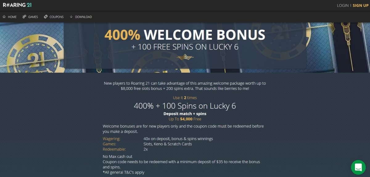 Roaring 21 Casino Welcome Bonus