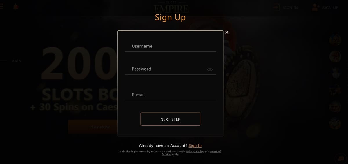 Slots Empire Casino Sign Up Form